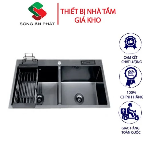 Bồn rửa chén 2 ngăn nano Royal Sanp có dắt dao kt 82x45